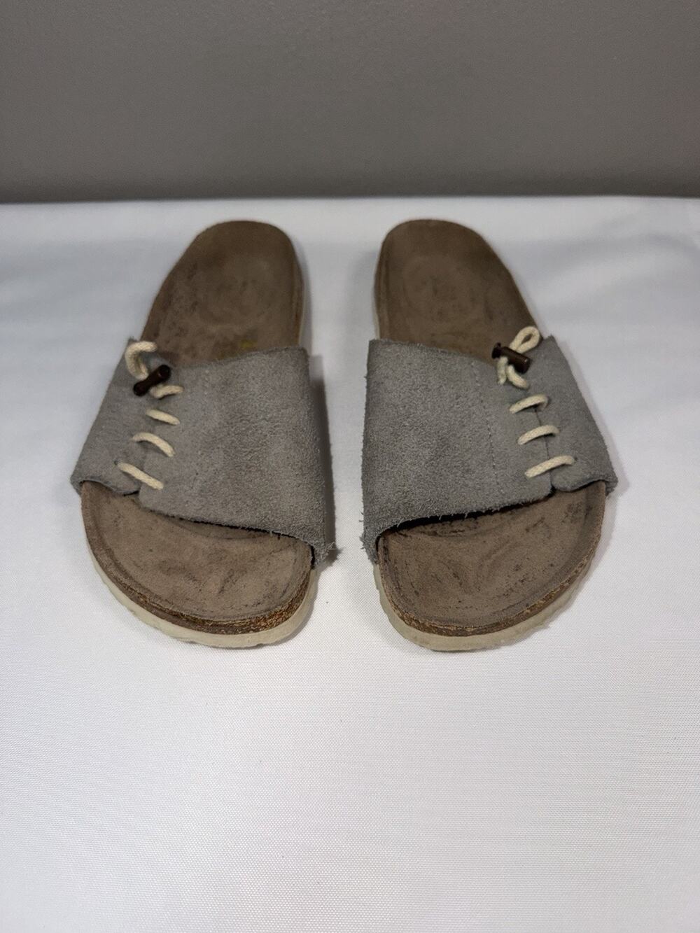 Papillio Birkenstock Masai Bluish Gray Suede Sandals Slides US 7 Lace up Toggle